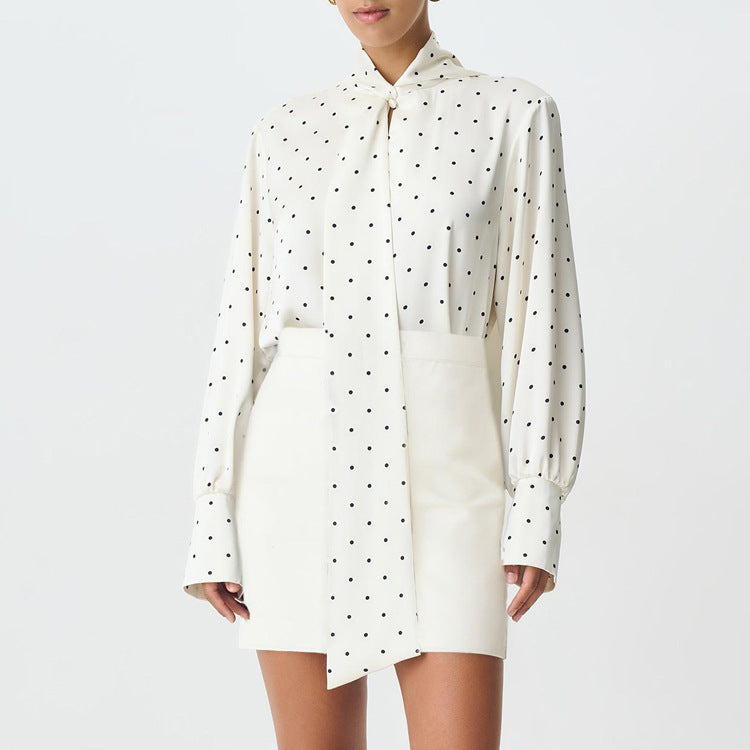 Ivory Polka Dot Satin Blouse – Elegant Long Sleeve Tie Shirt