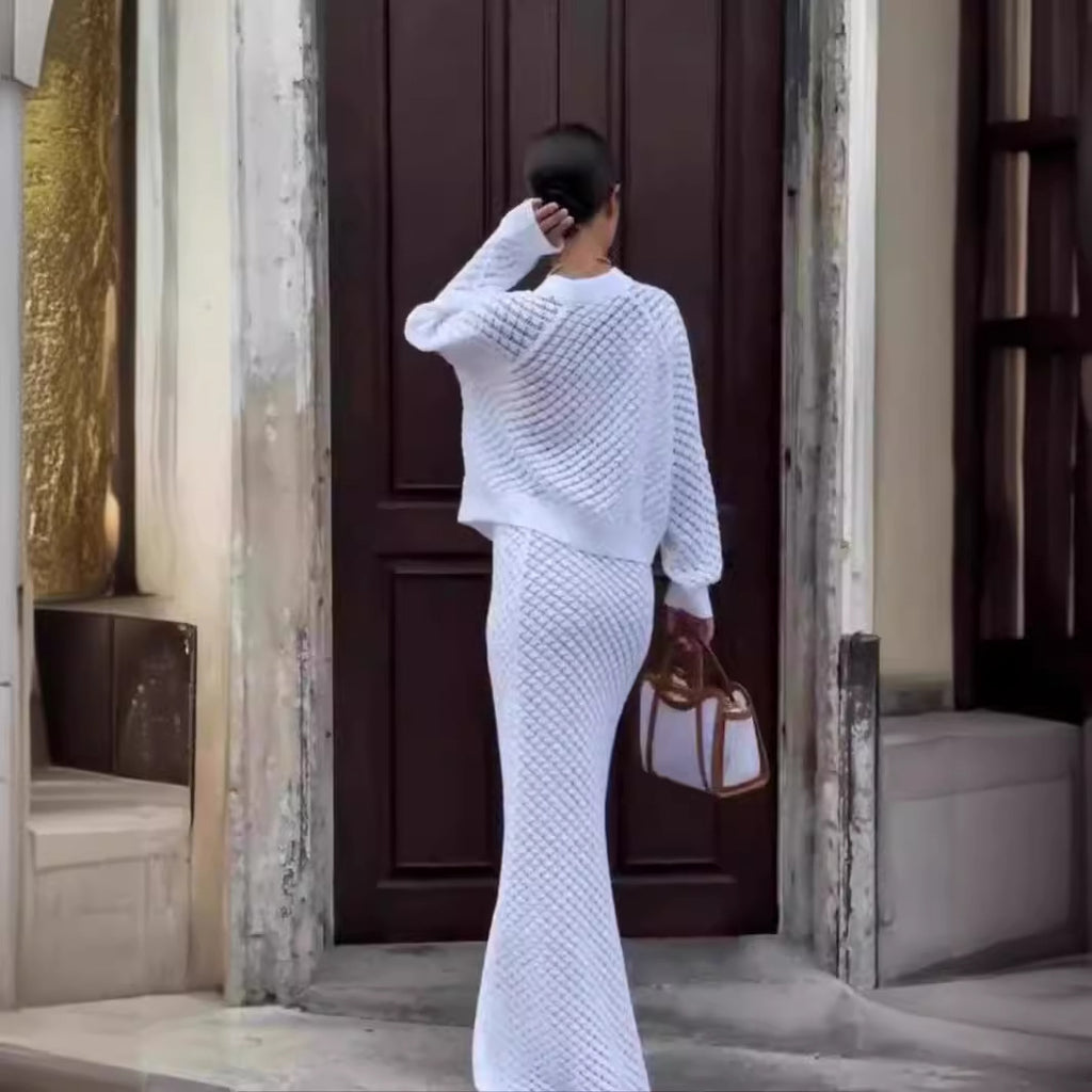 Pure White Knitted Maxi Skirts Set