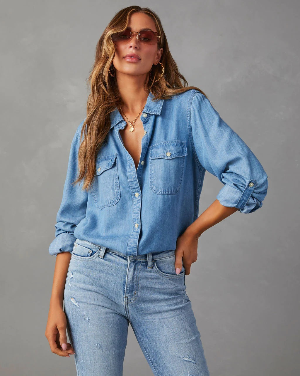 Single Breasted Long Sleeved Denim Top