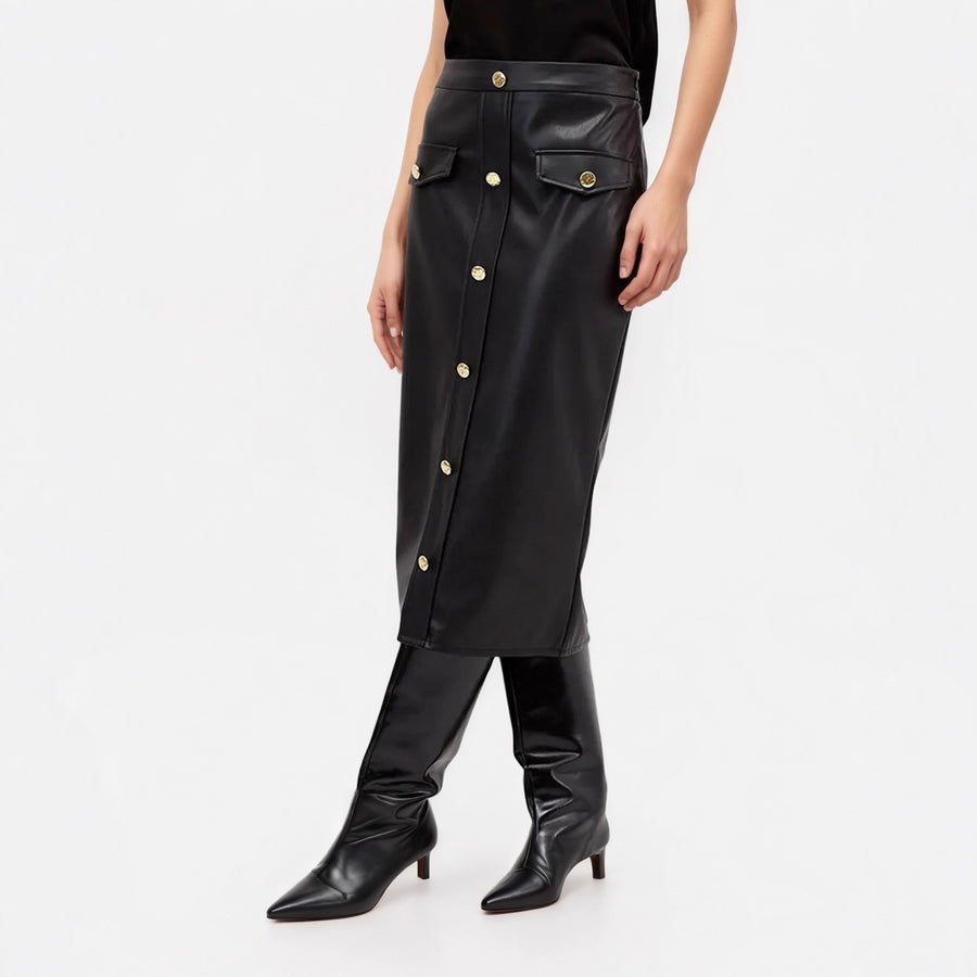 Faux Black Leather Buttoned Skirt