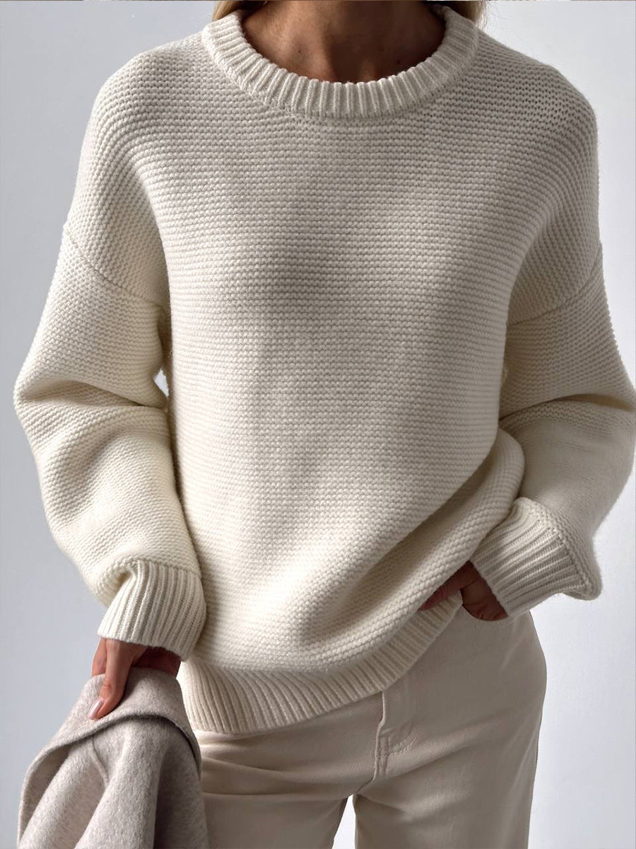 White Round Neck Knitted Sweater