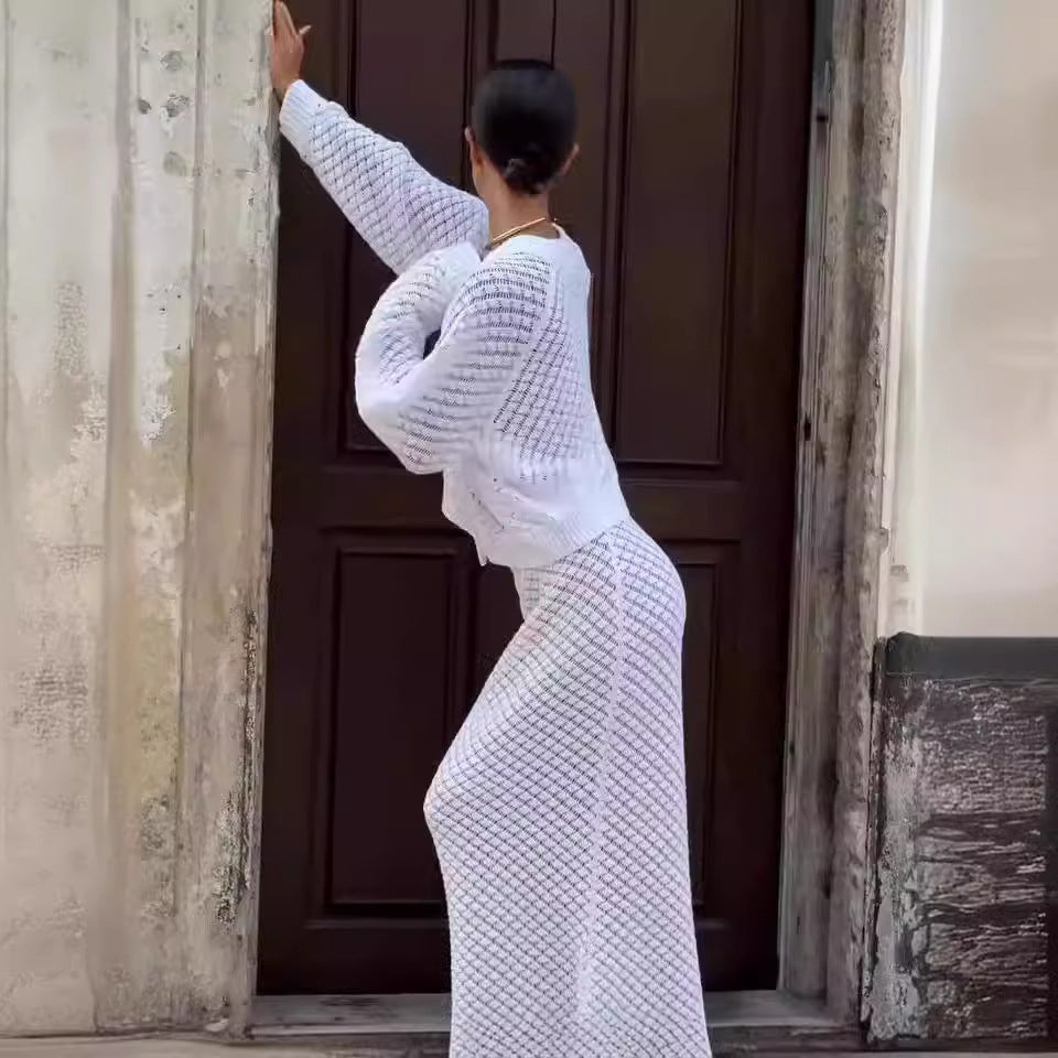 Pure White Knitted Maxi Skirts Set