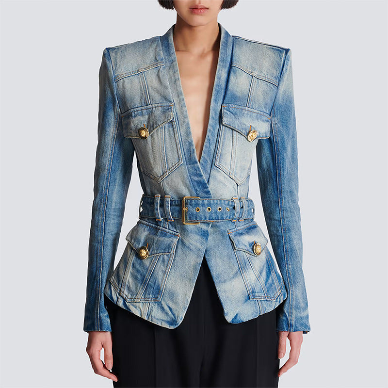 Washed Denim Blazer Jacket