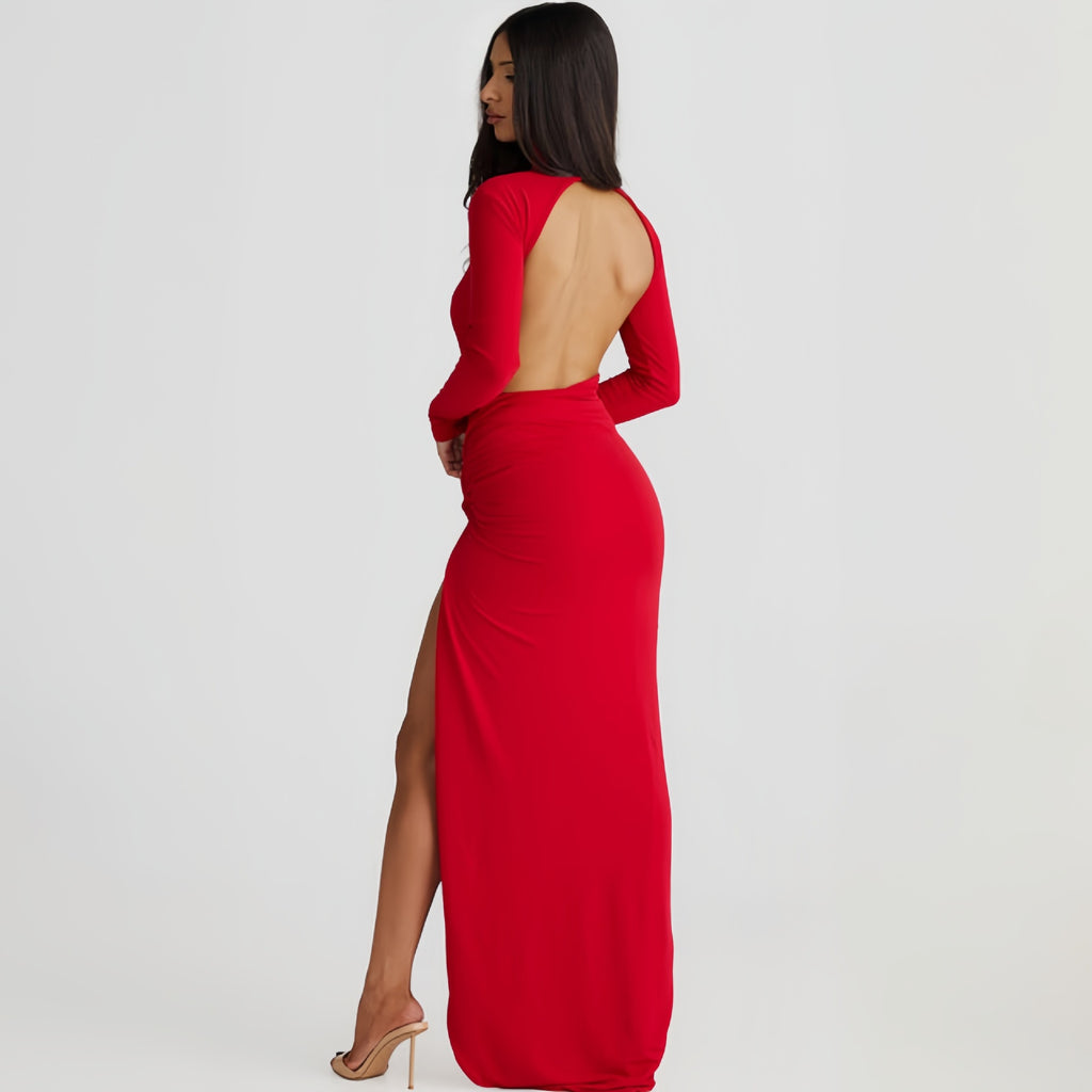 Backless Long Sleeve Slit Dress