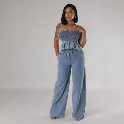 Ruffled Denim Tube Top Jumpsuit