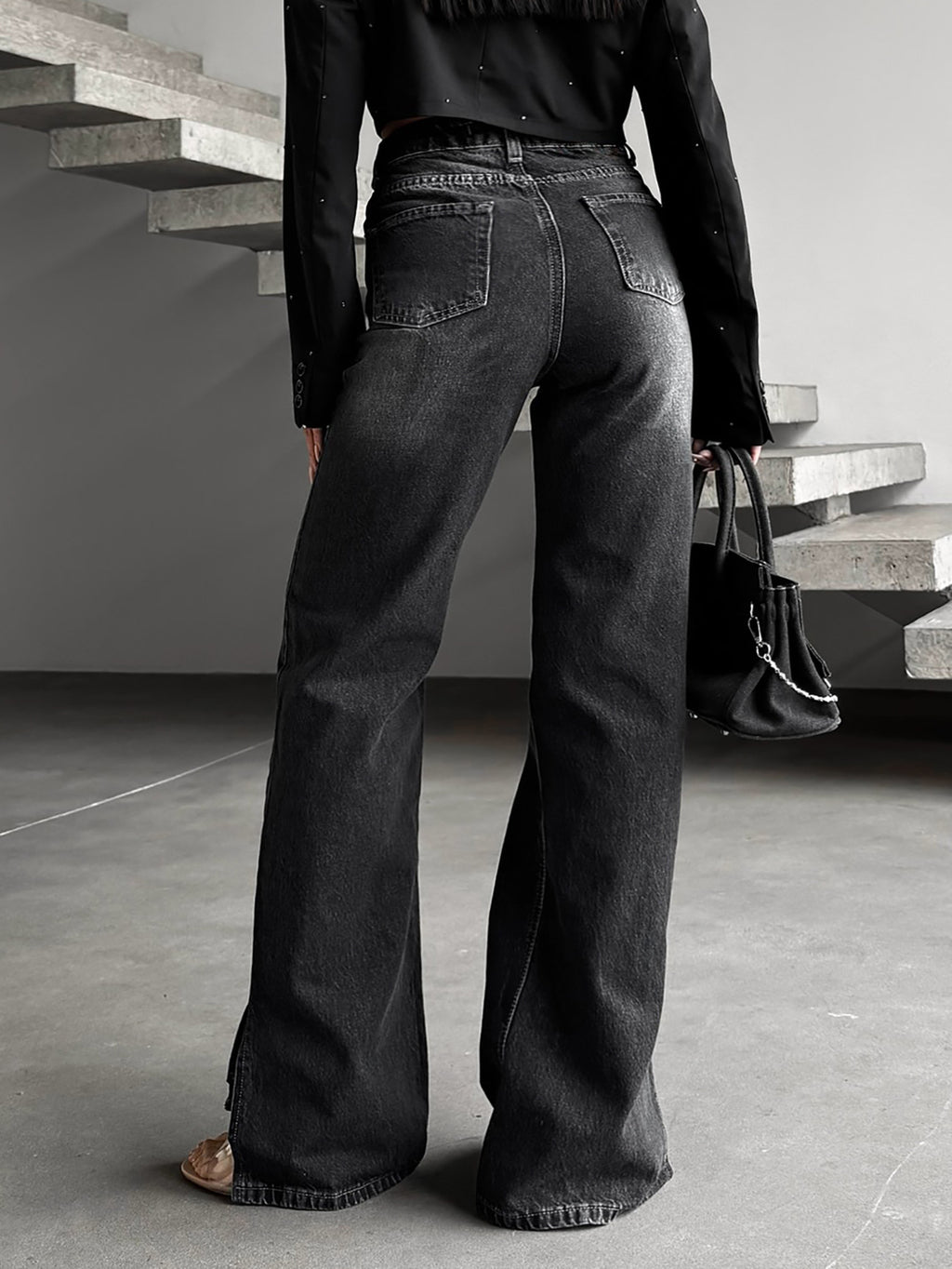 Oblique Stretch Washed Denim Straight Leg Pants