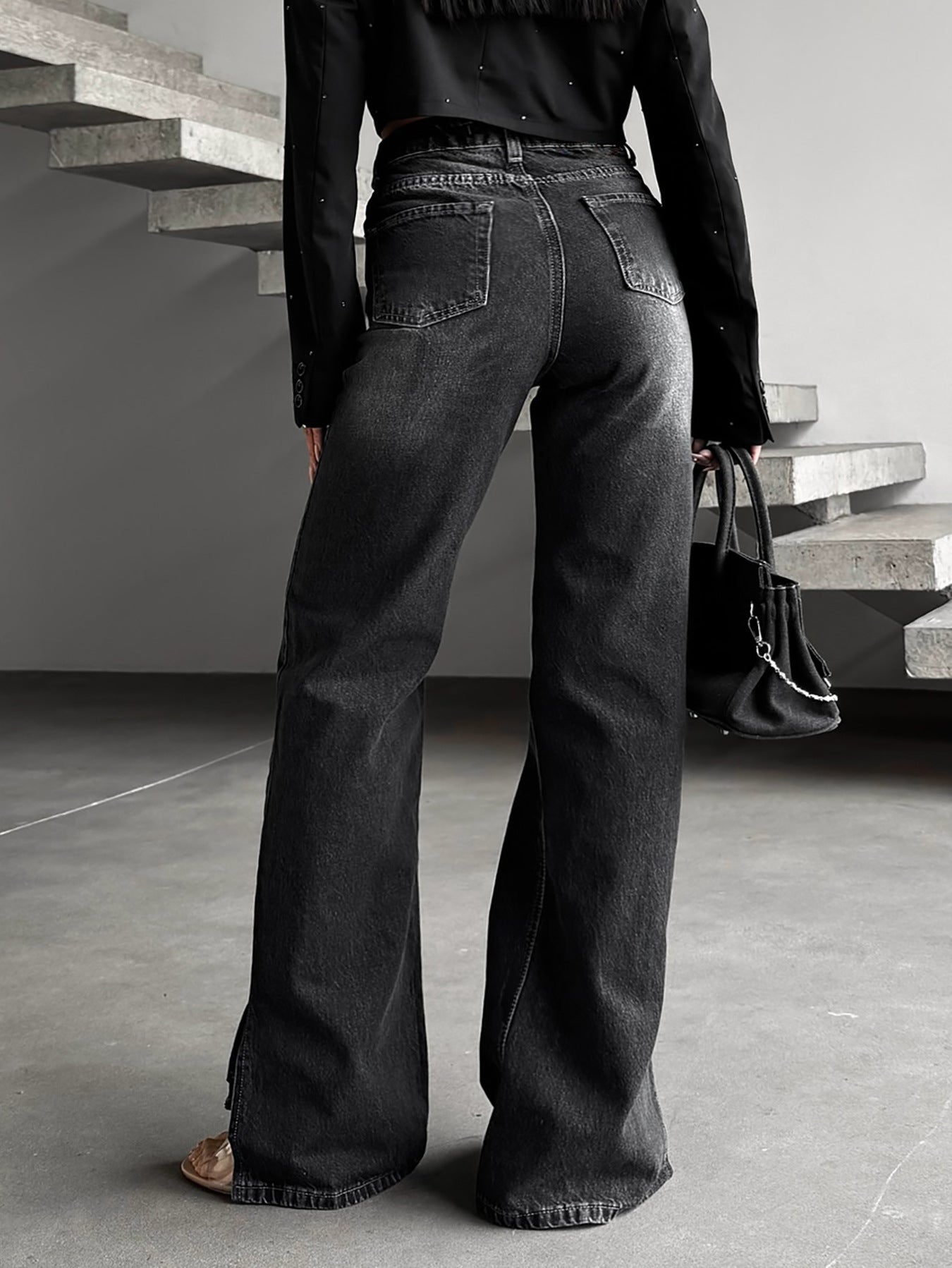 Oblique Stretch Washed Denim Straight Leg Pants