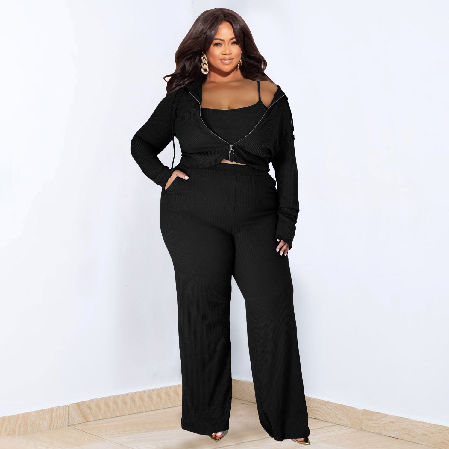Plus Size High Elastic Sunken Stripe Three Piece Suit Sports Casual Sexy Women Clothing