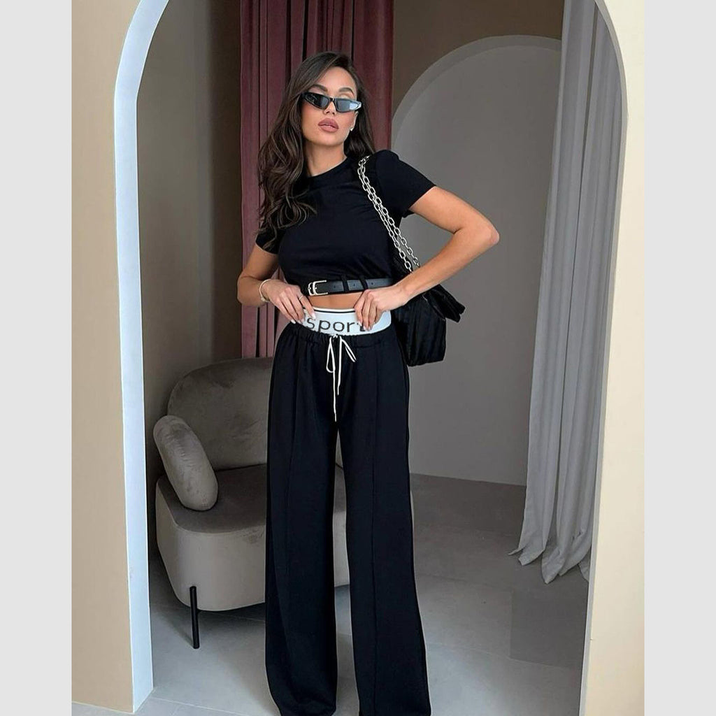 Cropped Belt Decorative Double Waist Sweatpants Set