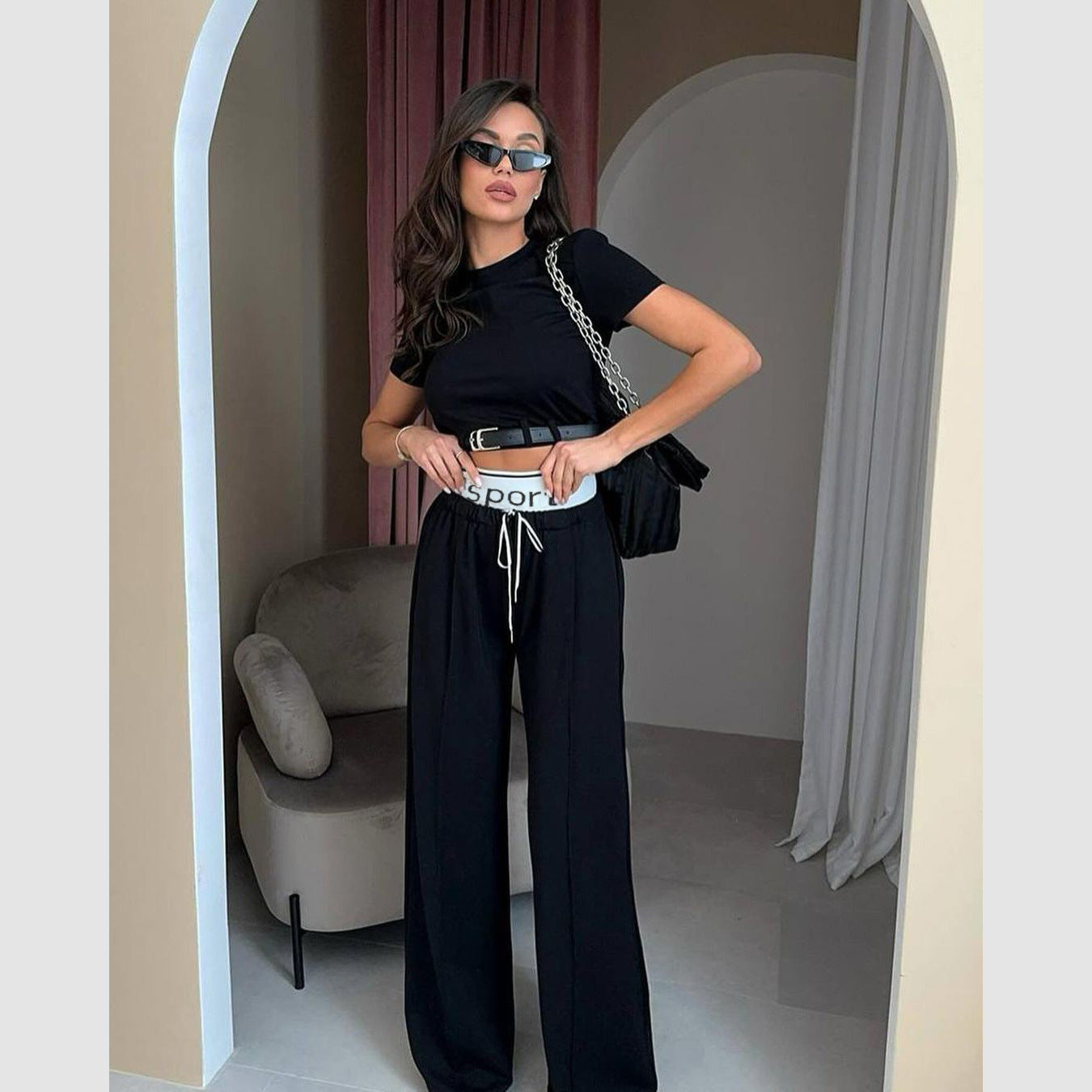 Cropped Belt Decorative Double Waist Sweatpants Set