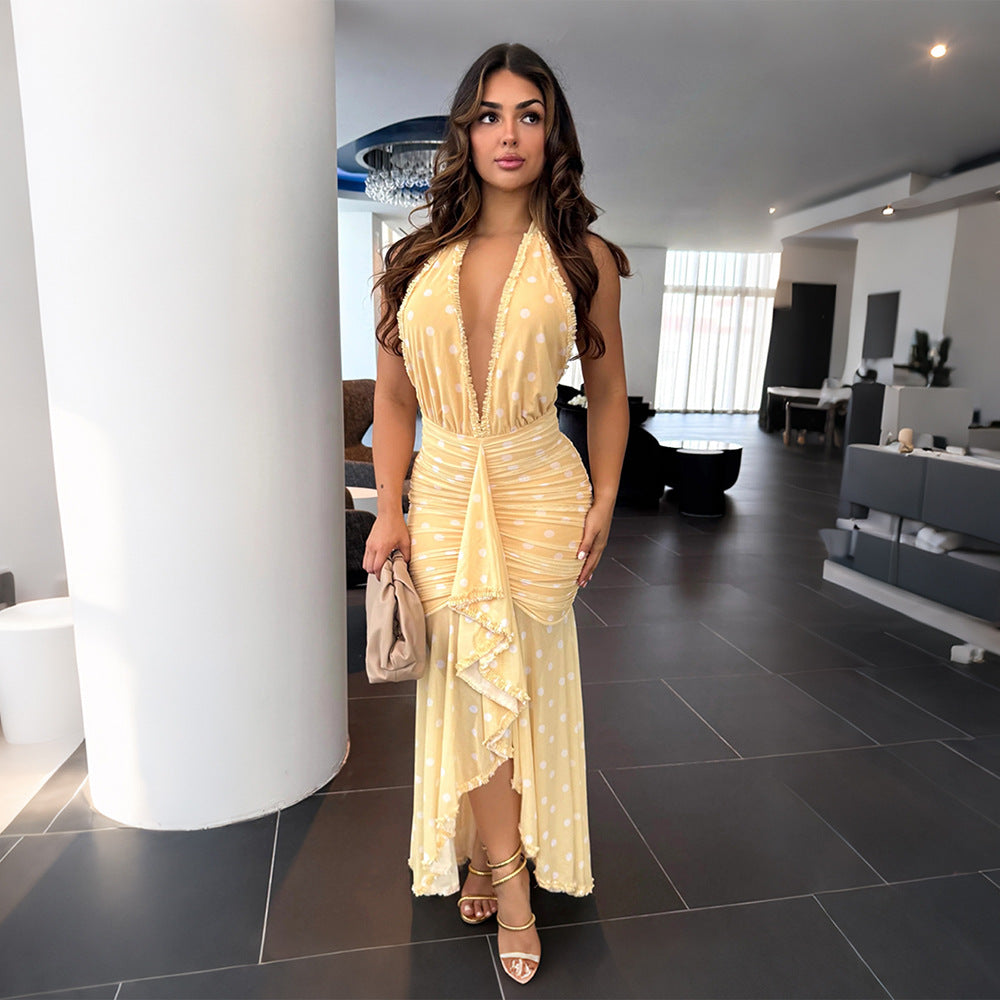 Halter Neck Printed Bodycon Dress – Ruched Backless High-Low
