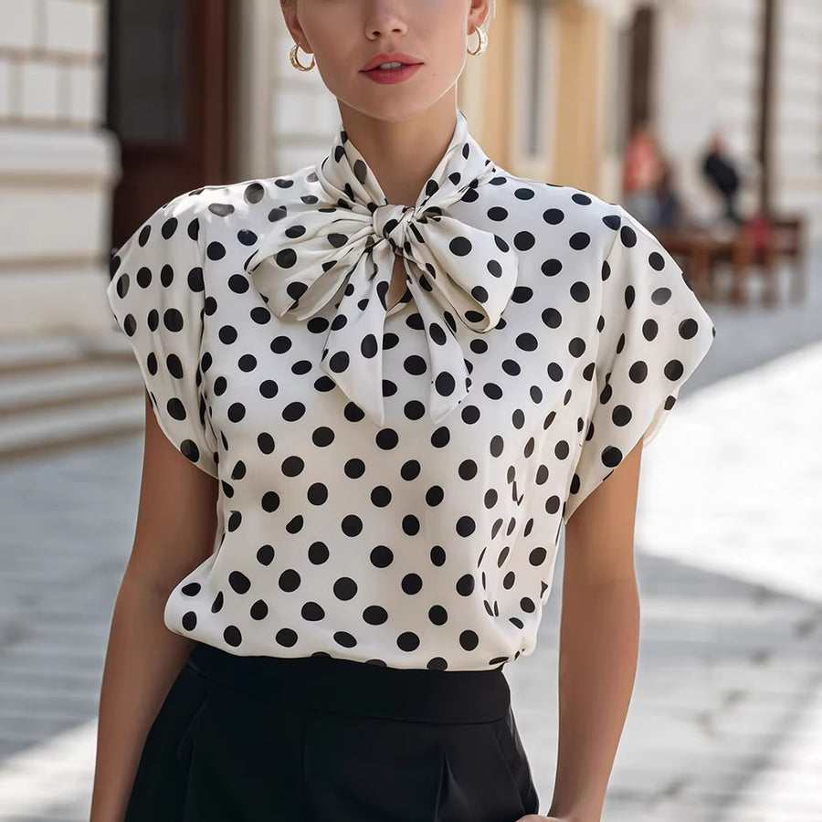 Polka Dot Short Sleeve Bow Tied Shirt
