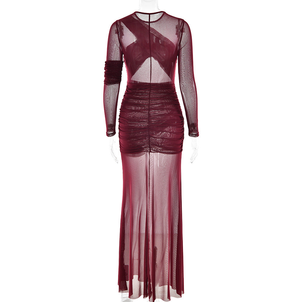 The Sheer Statement – Mesh Long Sleeve Ruched Maxi Dress