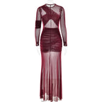 The Sheer Statement – Mesh Long Sleeve Ruched Maxi Dress