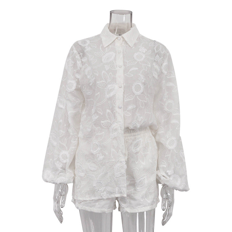 Cotton Embroidered High Waist Shorts Set