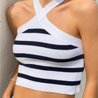 Knitted Striped Cross-Halterneck Top