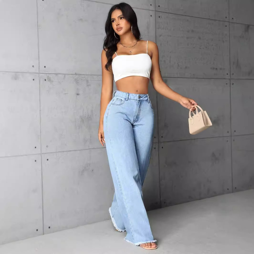 Women Clothing Mop High Waist Straight Wide Leg Jeans Trousers