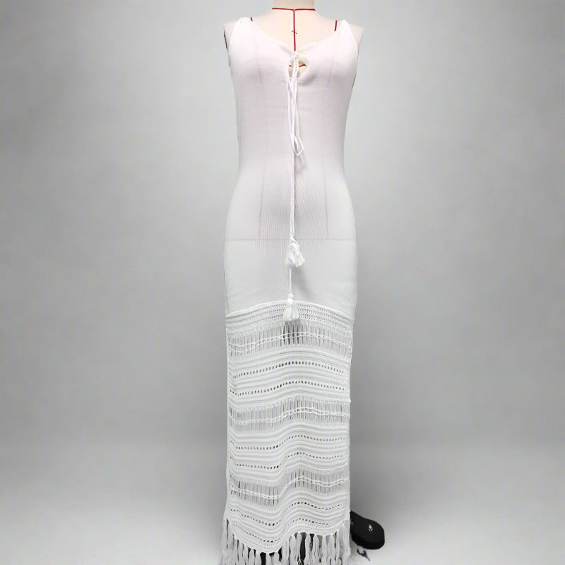 Strap Knitted Cinched Tassel Beach Dress