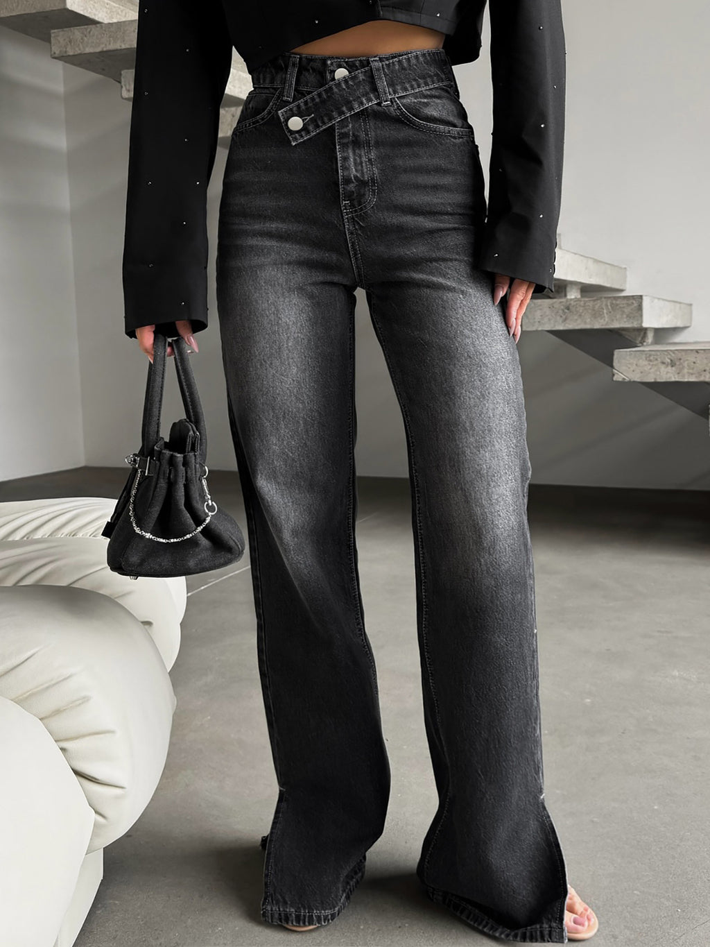 Oblique Stretch Washed Denim Straight Leg Pants