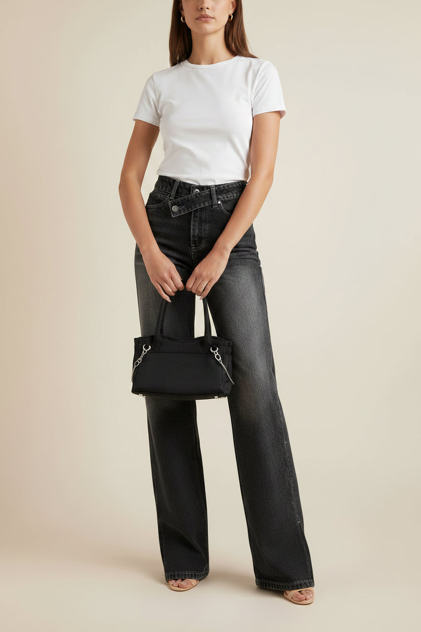Oblique Stretch Washed Denim Straight Leg Pants