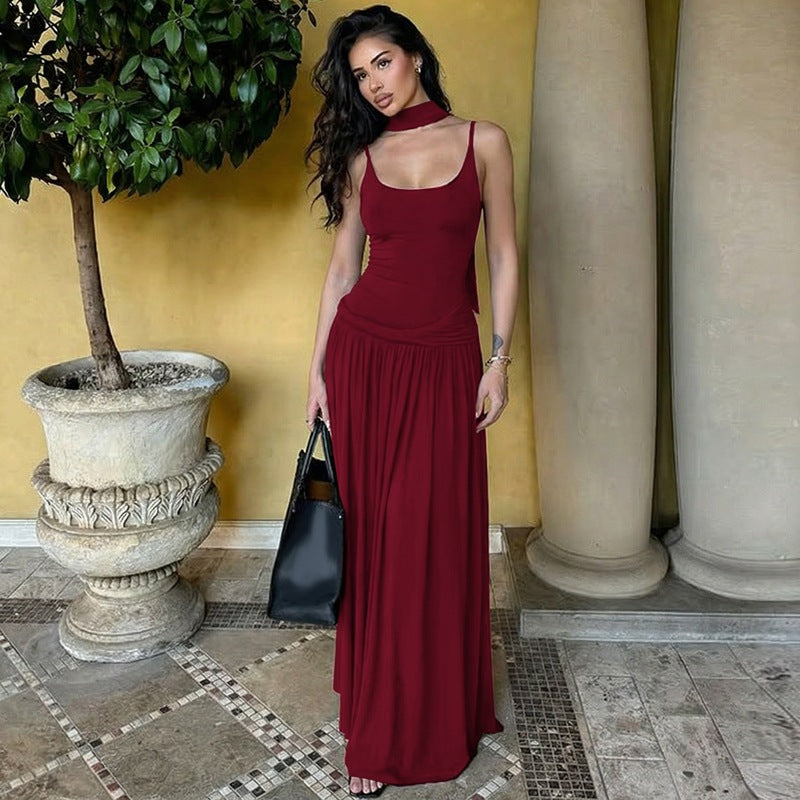 French Sling Pleated Ribbon Dress