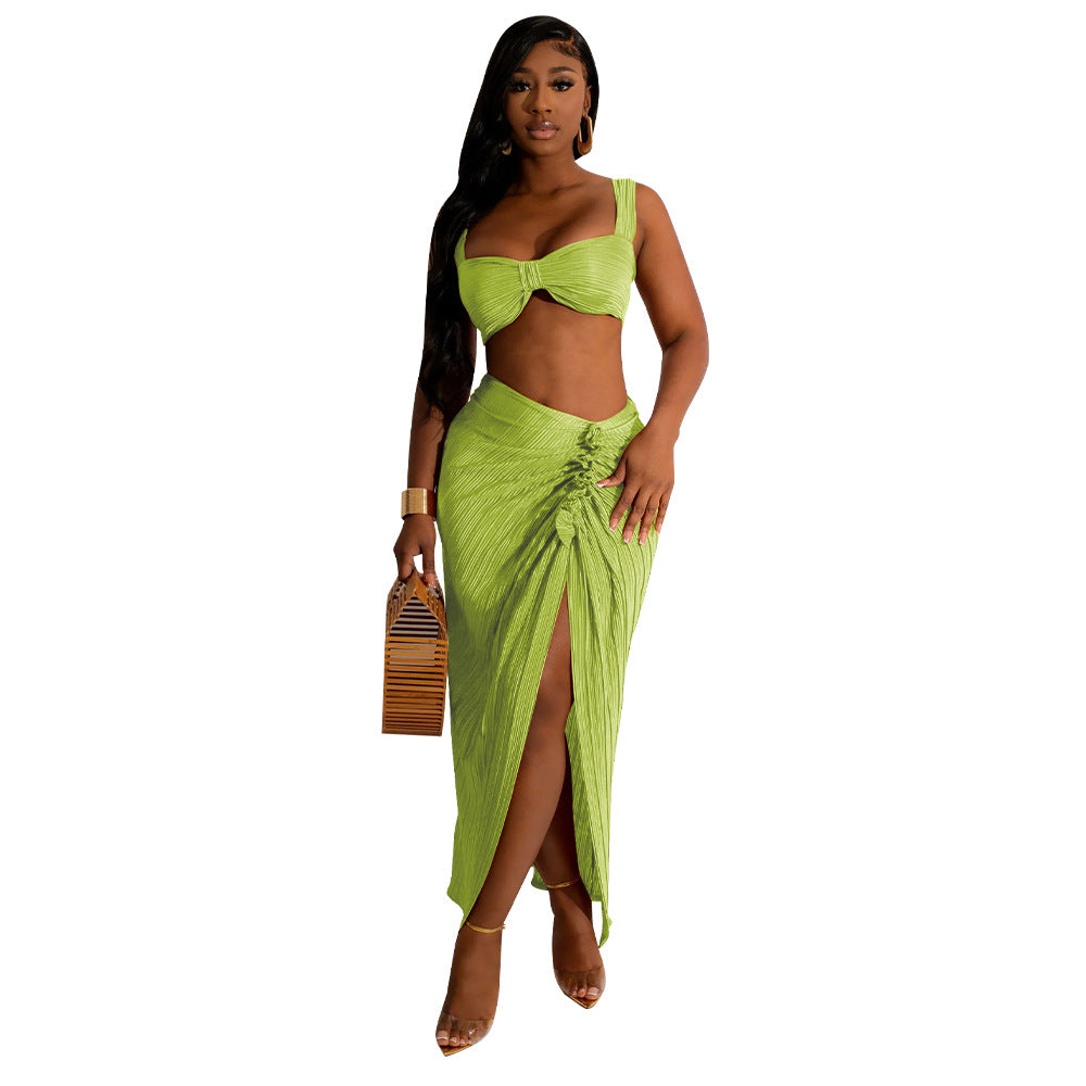 Pleated Backless Spaghetti Straps Skirt Set