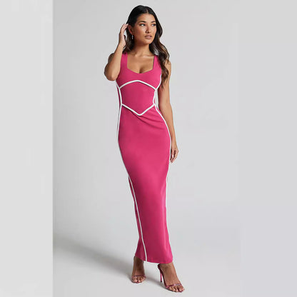 Women Sexy Vest Pencil Dress Contrast Color Tight Sheath Dress