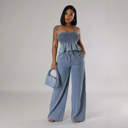 Ruffled Denim Tube Top Jumpsuit