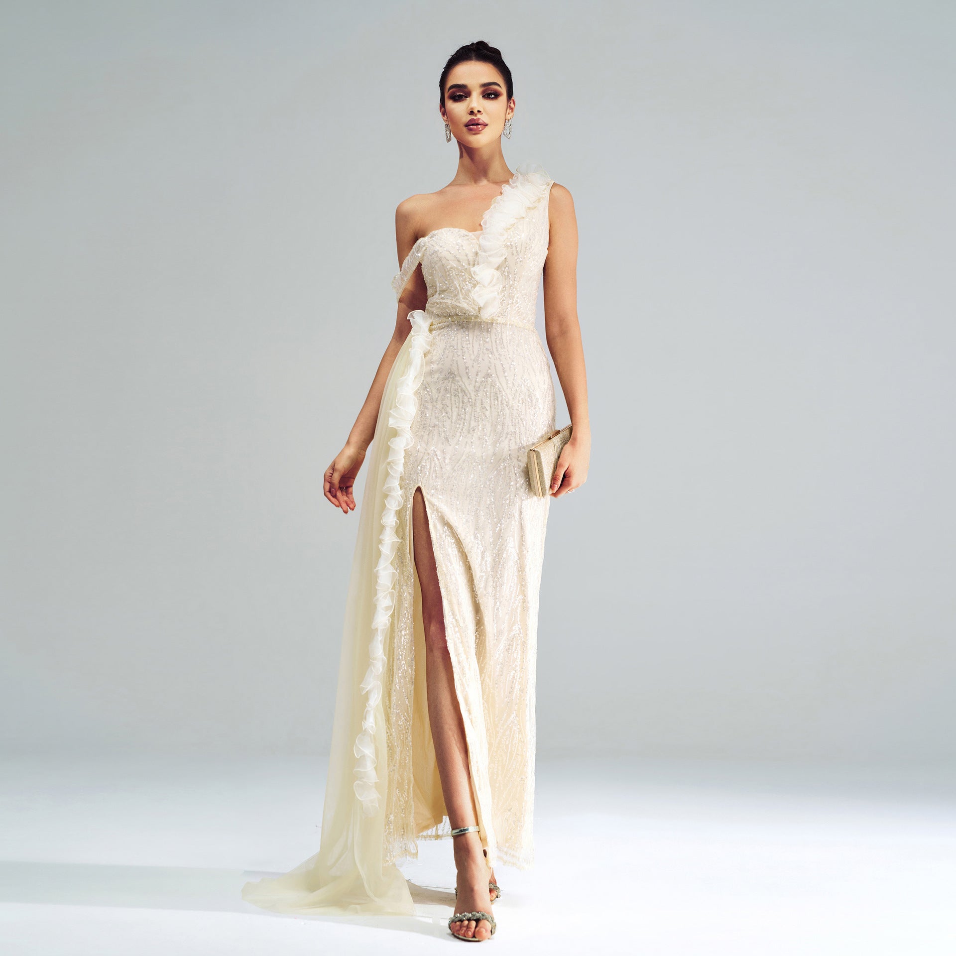 One Shoulder Sheath Sequined Split Wedding Dress