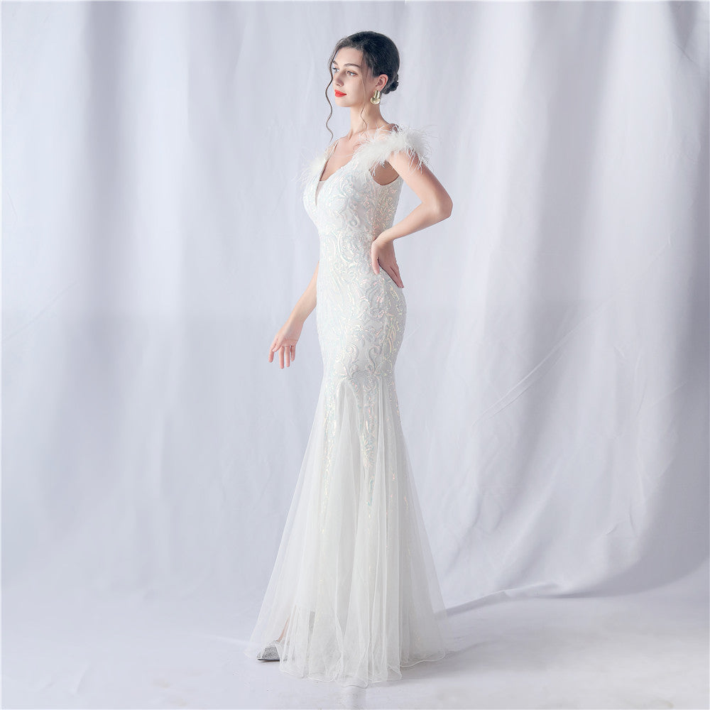 Ostrich Feather Positioning Floral Sequin Wedding Dress