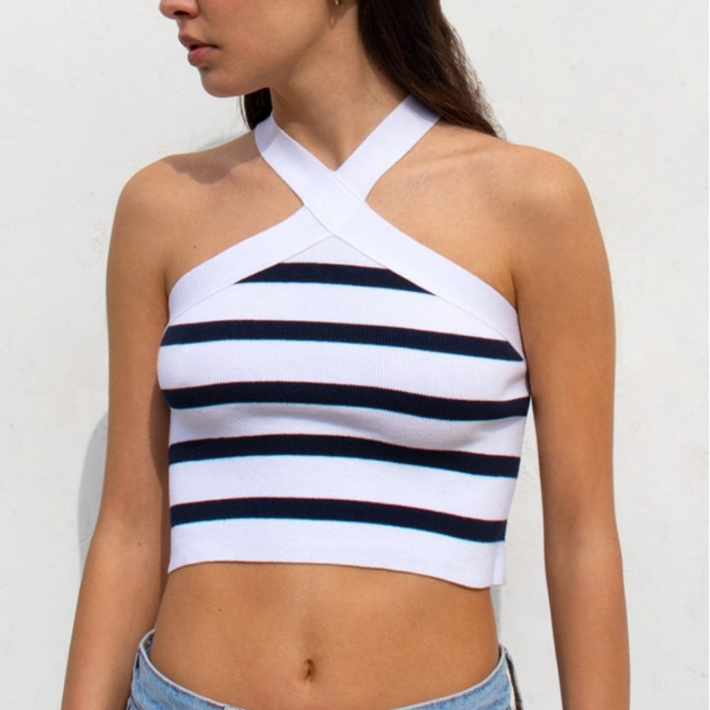Knitted Striped Cross-Halterneck Top
