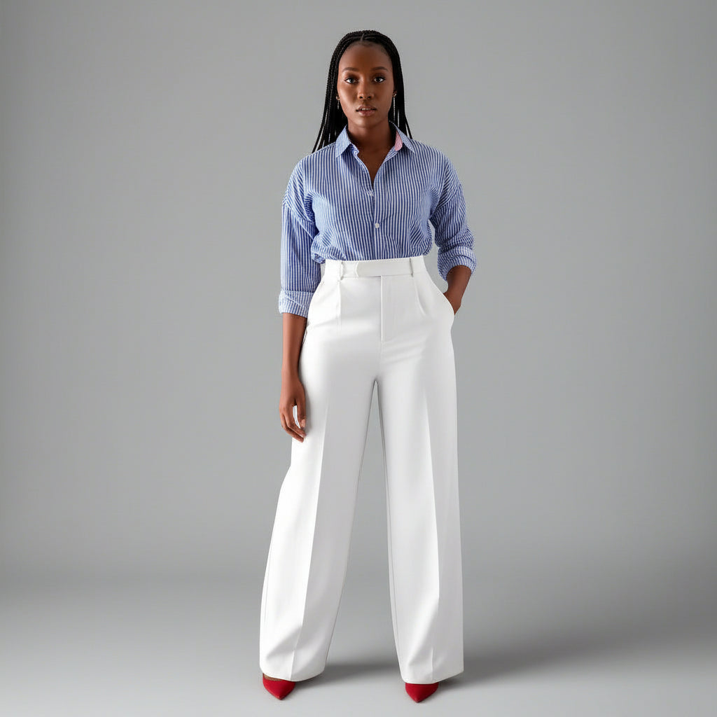 A person standing in a semi-profile pose wearing straight wide leg pants and a button-up shirt.