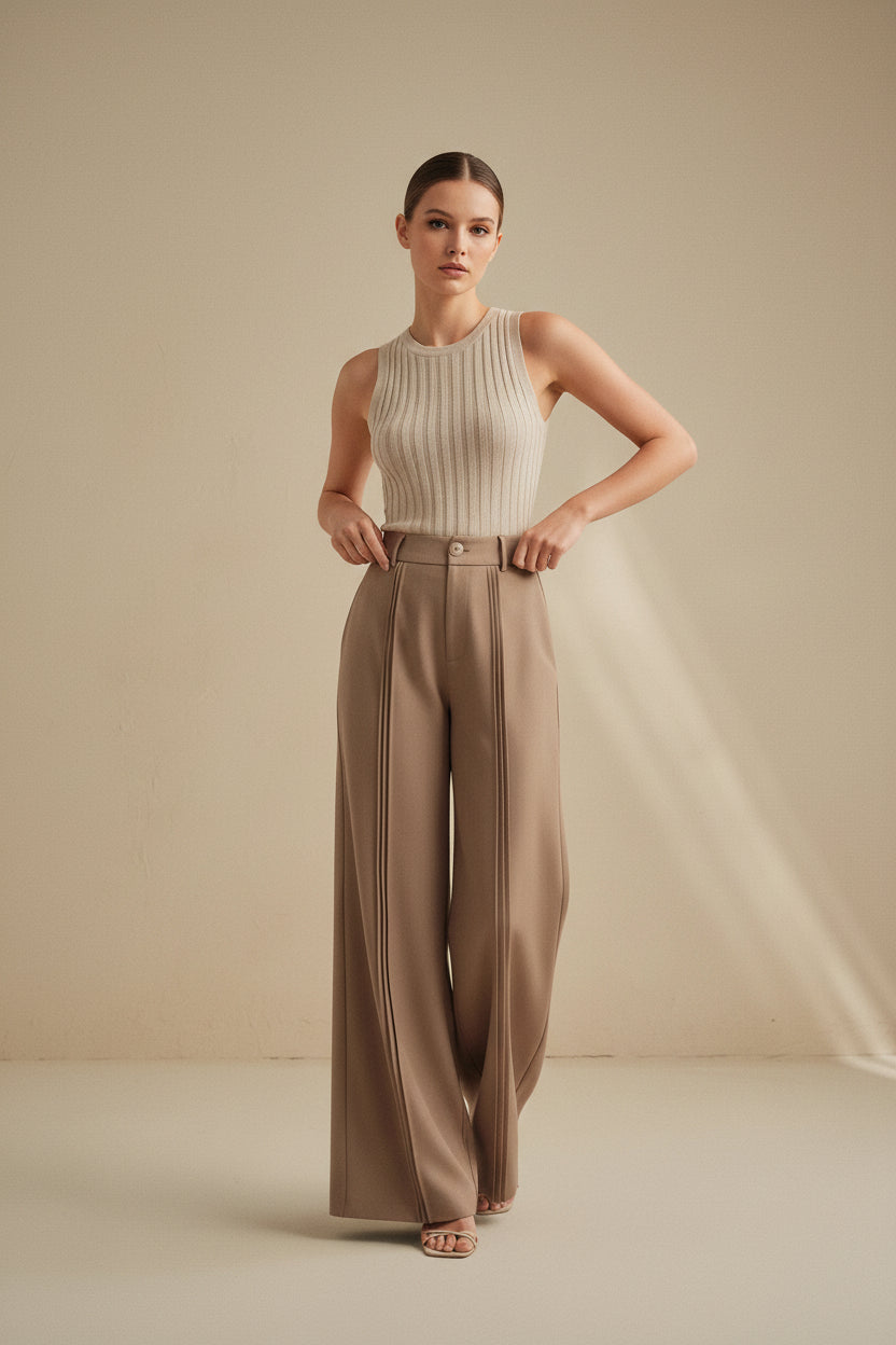 High-Rise Draped Wide Leg Trousers