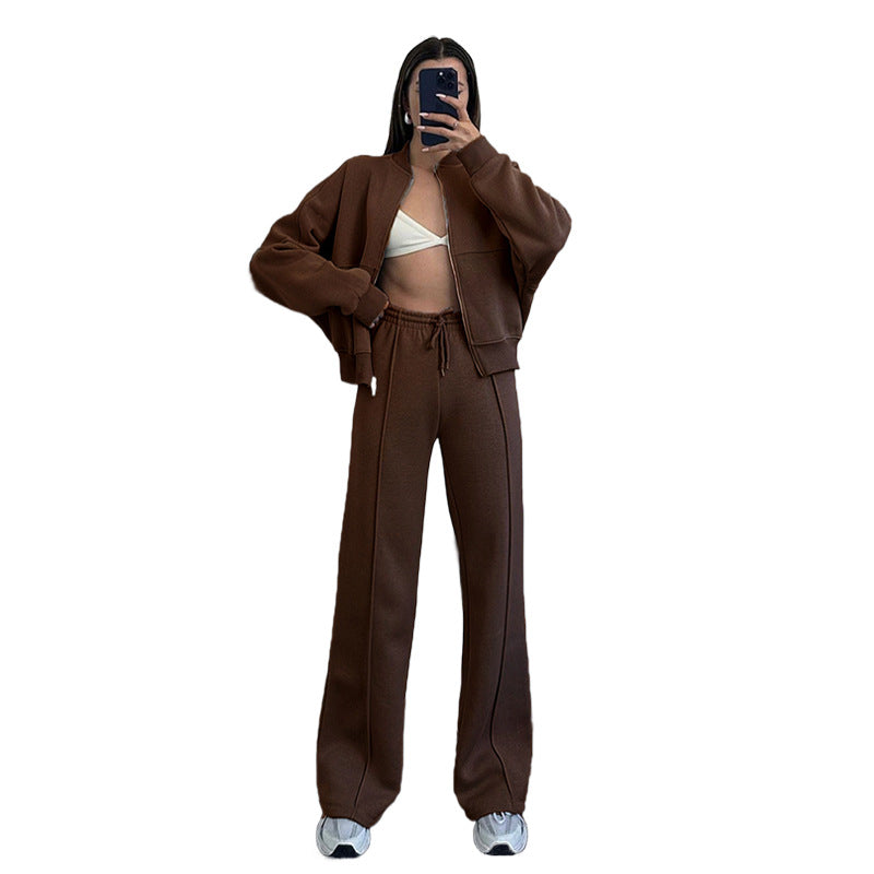 Solid Color Zipper Sweater Sweat Set