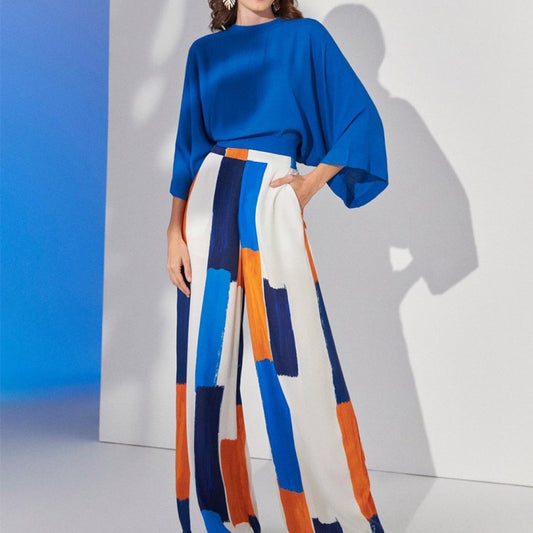 Loose Office Blue Top & High Waist Wide Leg Pants Sets