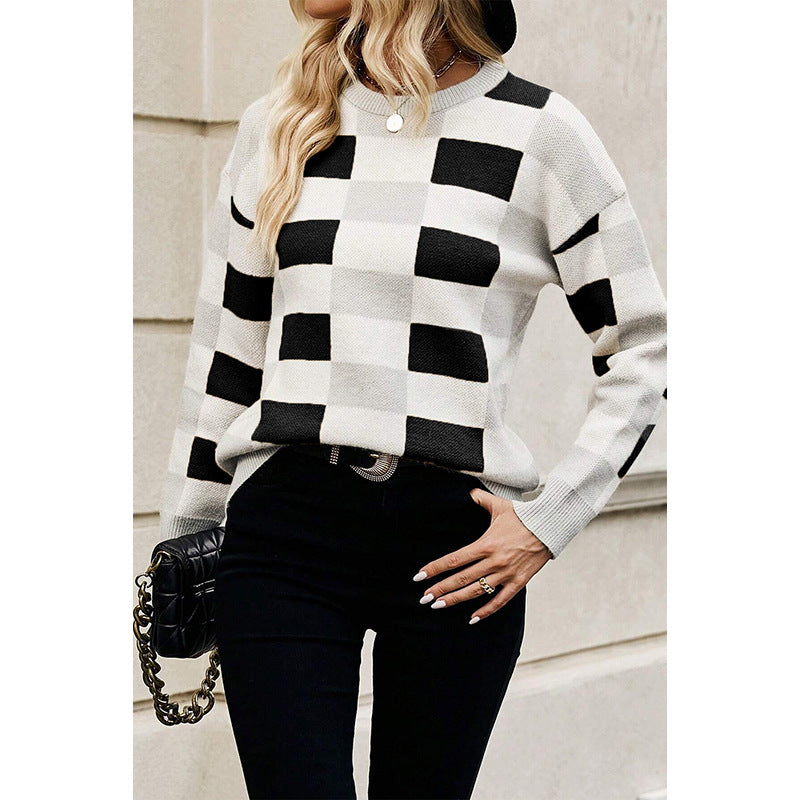 Matching Plaid Knitted Long Sleeve Sweater