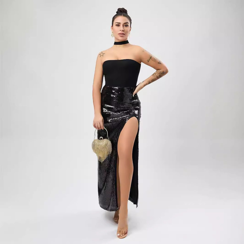 Slit Black Sequin Dress