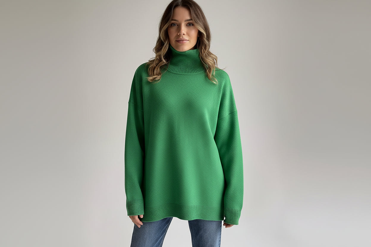 Person wearing a green sweater against a plain background
