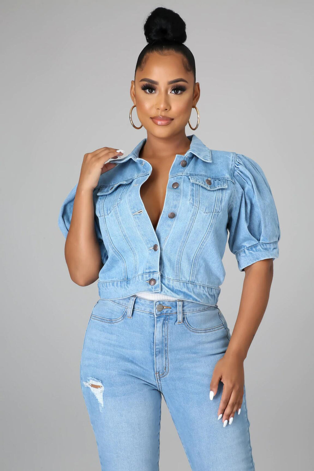 Short Puff Sleeve Denim Jacket