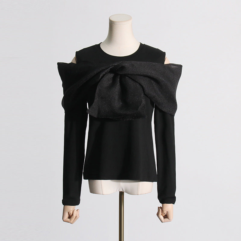 Patchwork Black Bow off Shoulder Top