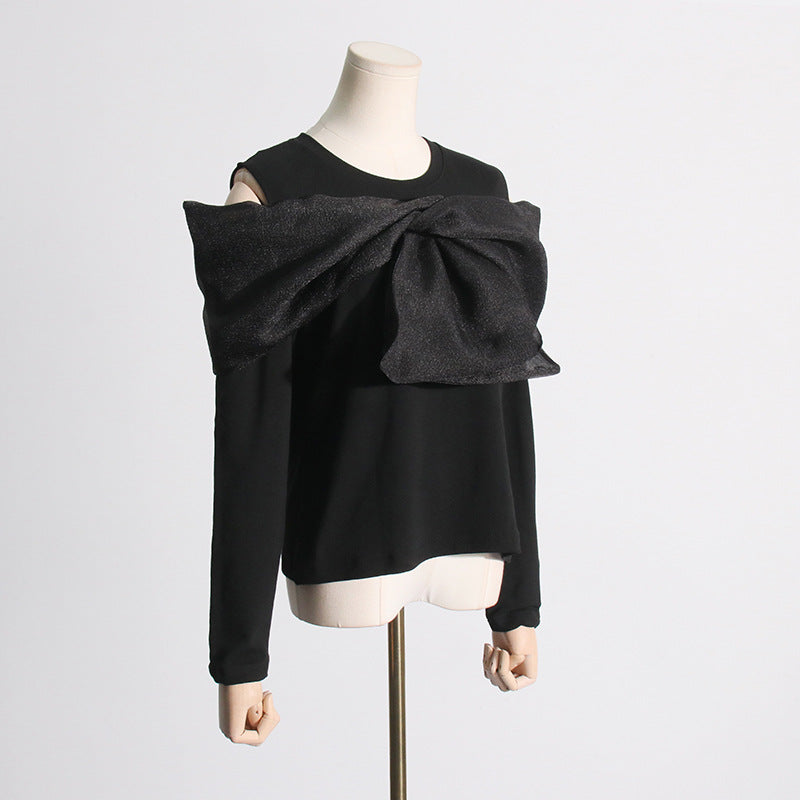 Patchwork Black Bow off Shoulder Top