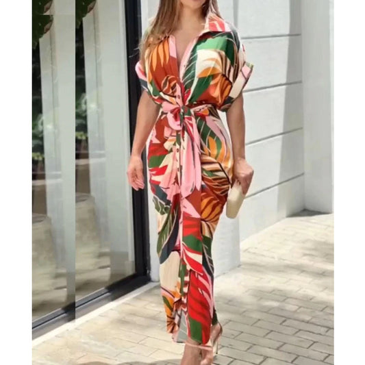 Tropical Printed Short Sleeve Asymmetric Dress