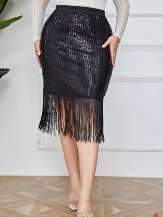 Plus Size Office Sheath Sequined Tassel Skirt - ALL HERZ FASHIONS