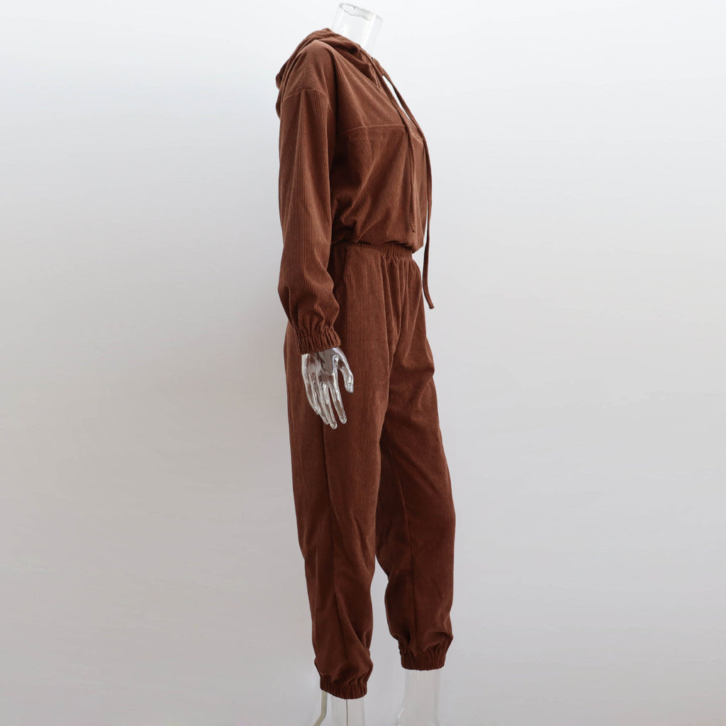 Corduroy Suit Women Sports Casual Autumn Winter Zipper Hooded Sweatshirt Sweatpants Two Piece Set Women