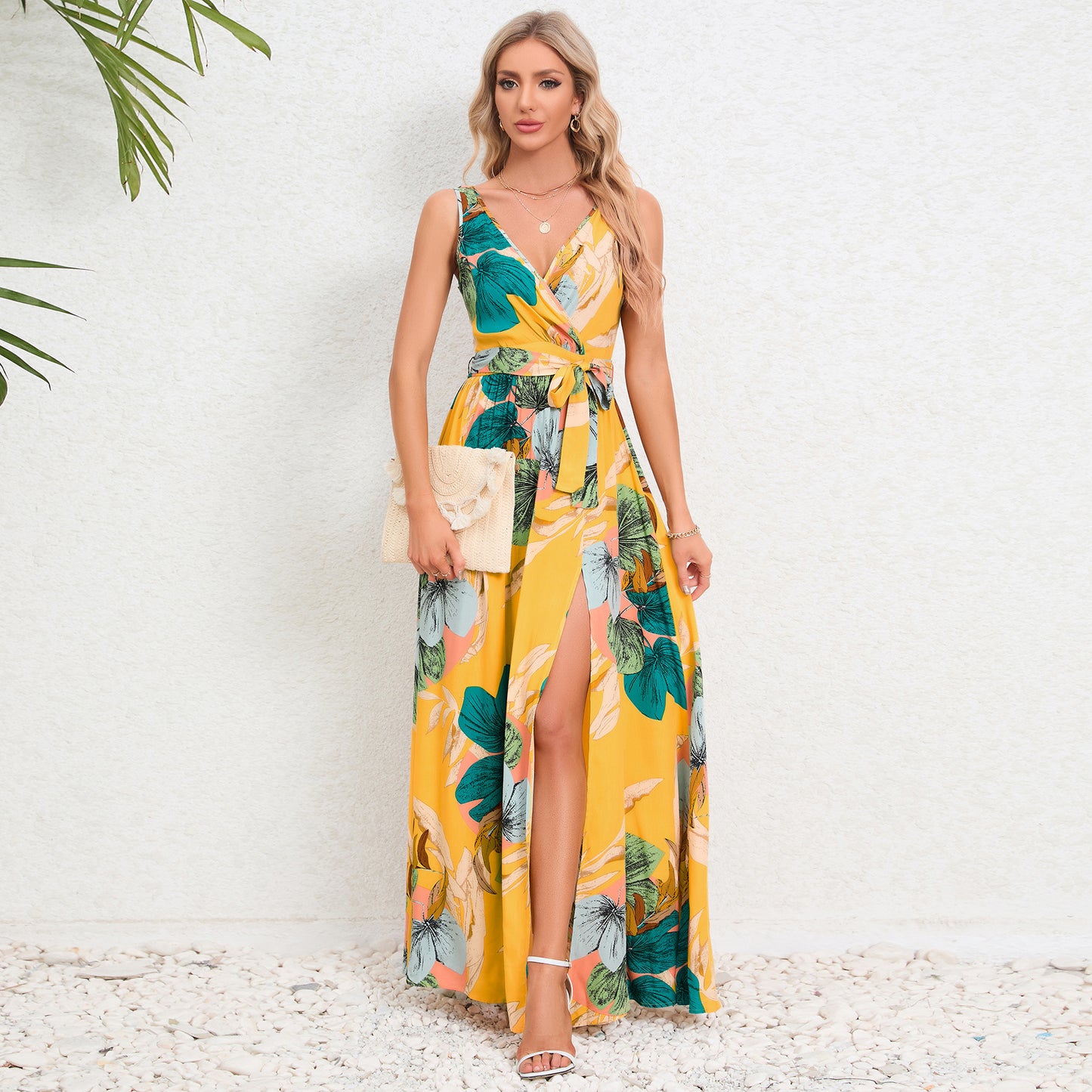 Pairs V Neck Slit Printed Dress