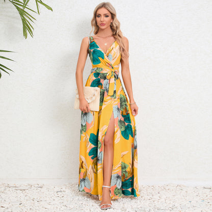 Pairs V Neck Slit Printed Dress