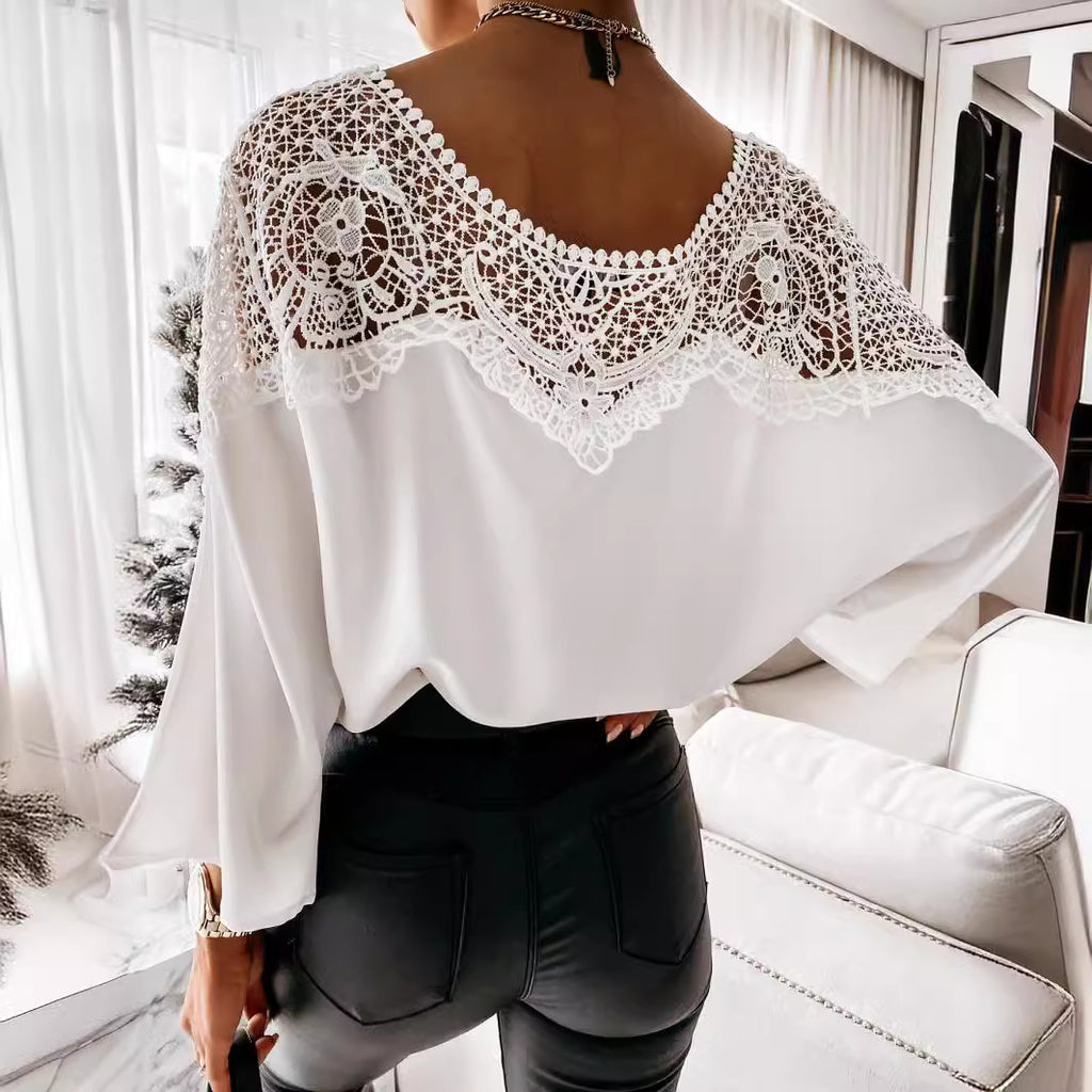Lace Long Sleeve Blouse – Crew Neck Elegant Office Top