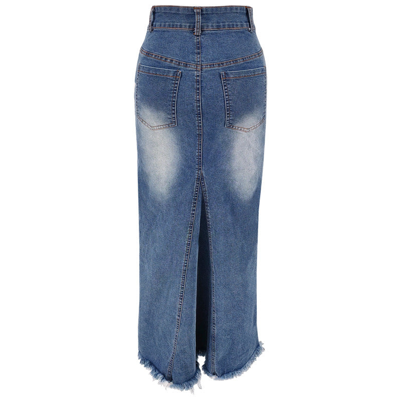 Fringed Sheath Fishtail Denim Skirt
