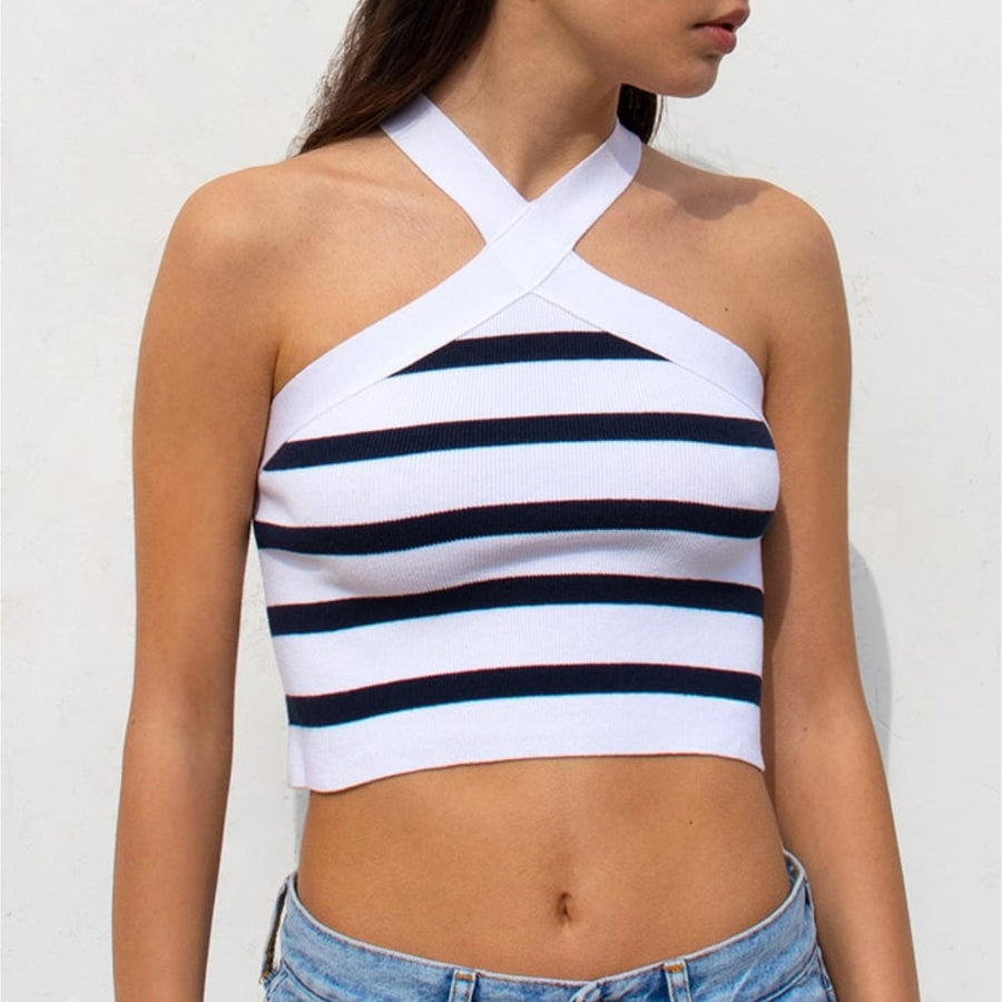 Knitted Striped Cross-Halterneck Top