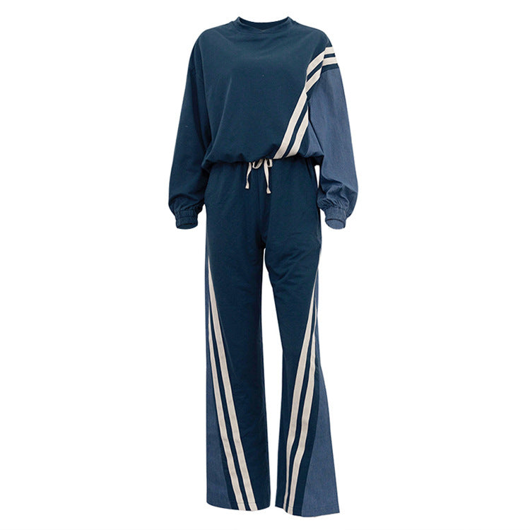 Autumn Winter Sports Contrast Color Striped Sweater Sets Pullover Top Drawstring Trousers Two Piece Set
